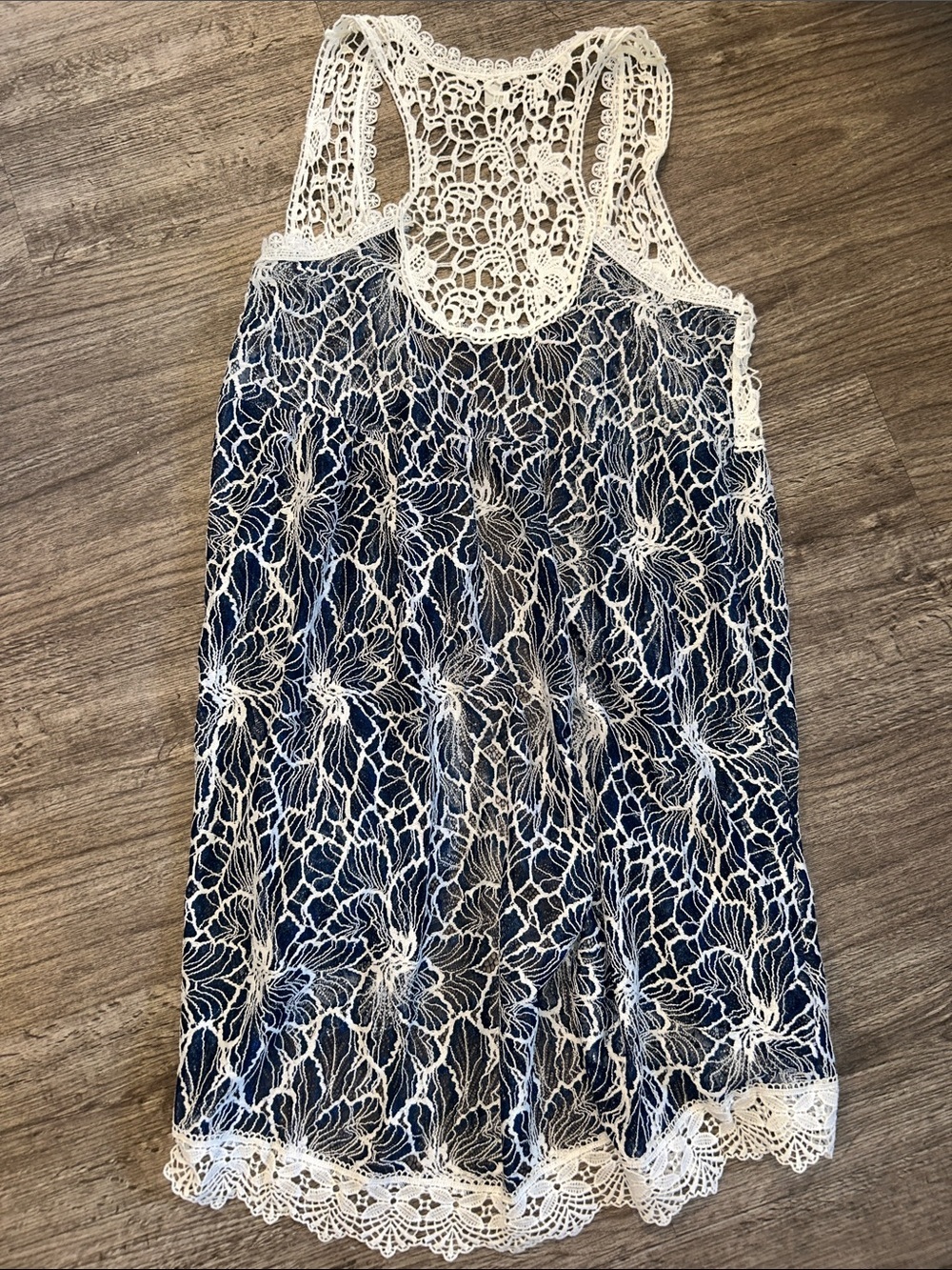 Lace Crochet Overlay Tank Dress Navy Cream Boho Festival Mini Medium - Picture 2 of 10